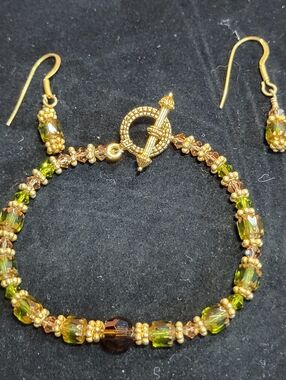 Green and Gold Beaded Bracelet and 925 Silver Earring Set